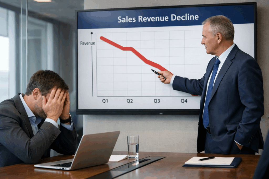 ceo mad at a worker and showing a chart