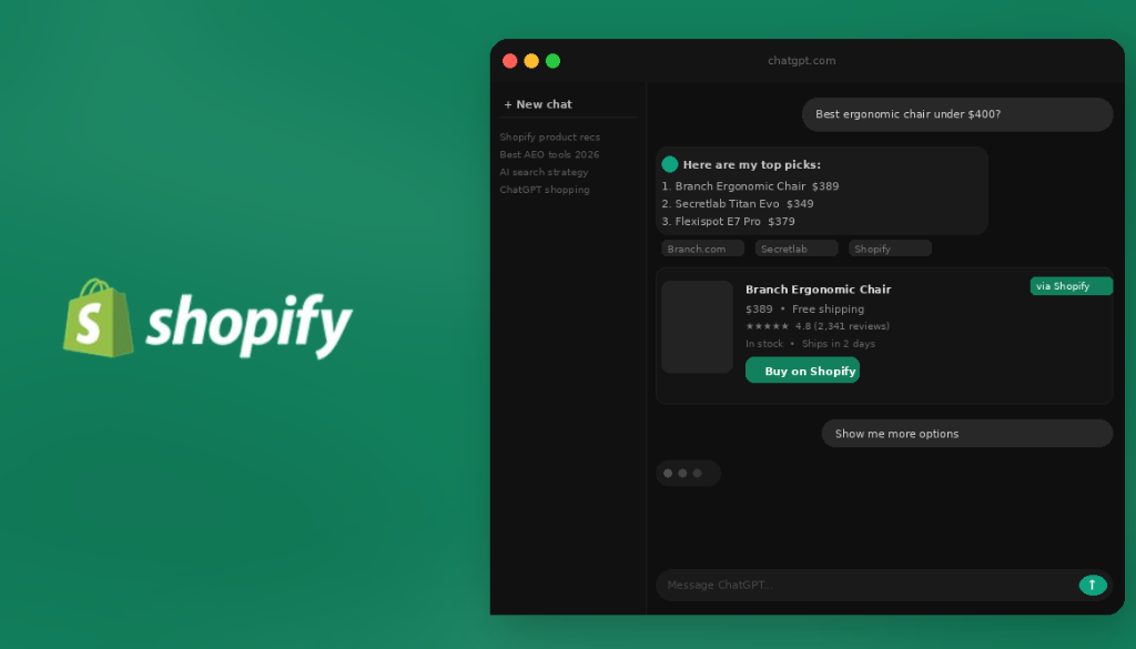 picture of shopify with a chatgpt screen with text and prompts