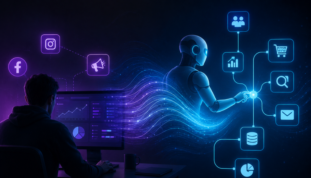 picture of a person on the left using meta products and on the right is an ai robot doing agentic tasks