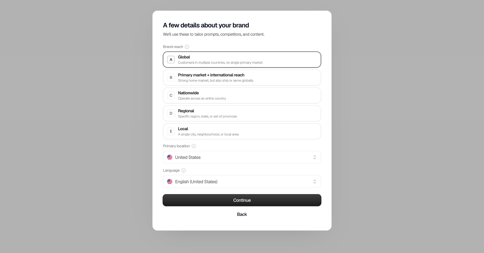 Searchable brand details setup screen showing Global brand reach selected with United States as primary location and English as language