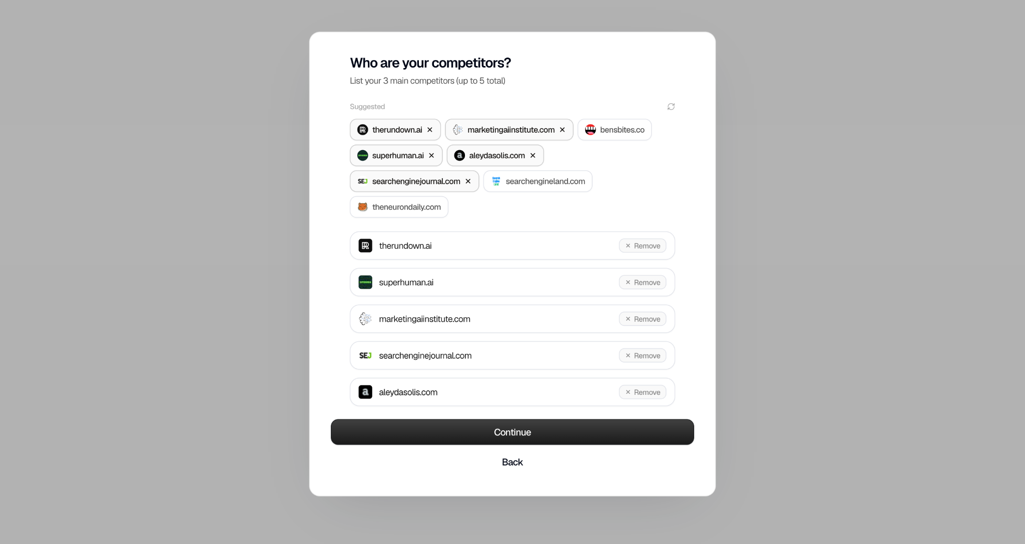 Searchable competitor selection screen showing suggested competitors including therundown.ai, searchenginejournal.com, superhuman.ai, and aleydasolis.com with five added to the tracked list