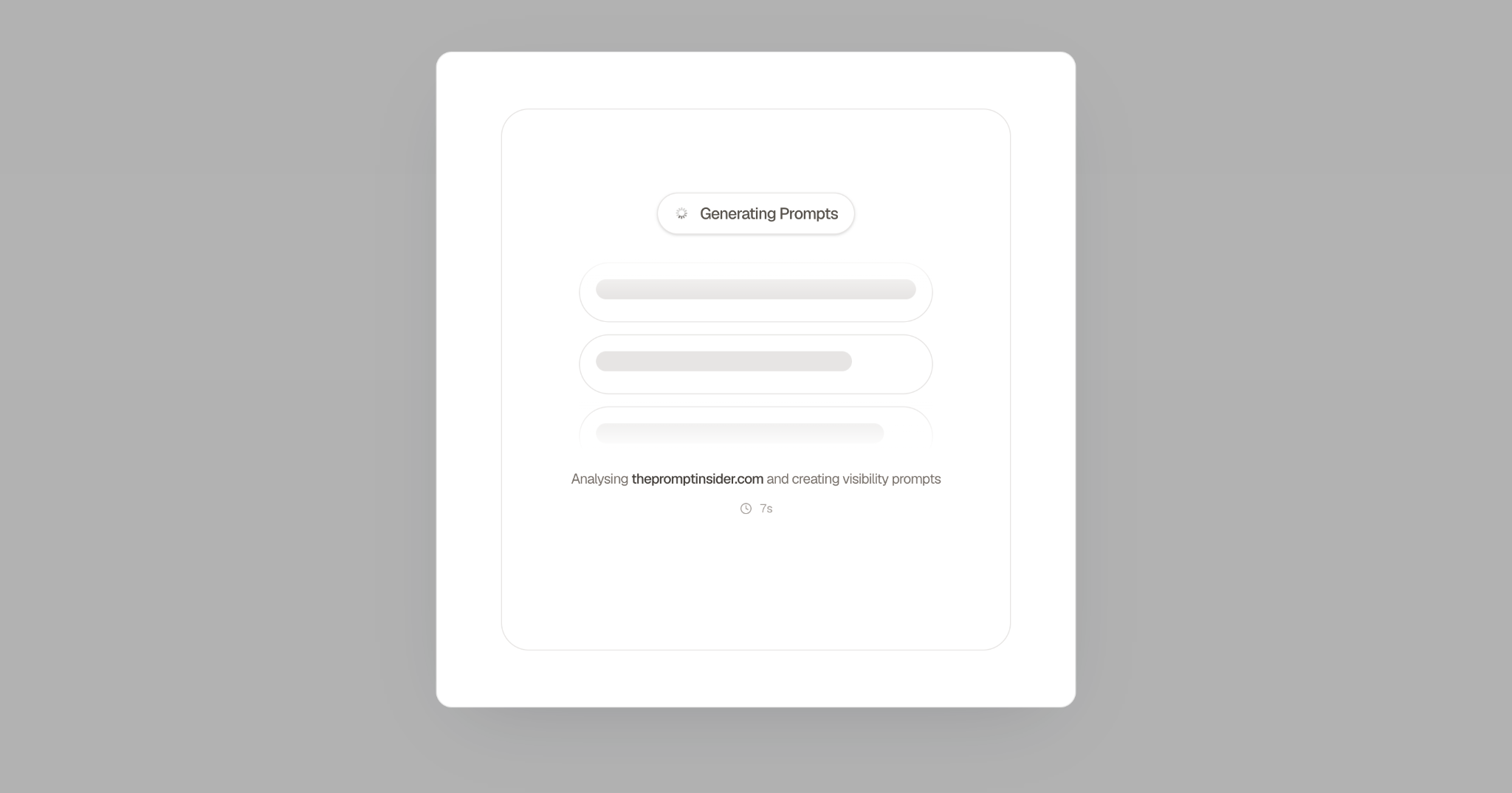 Searchable generating prompts loading screen showing Analysing thepromptinsider.com and creating visibility prompts with a 7 second timer