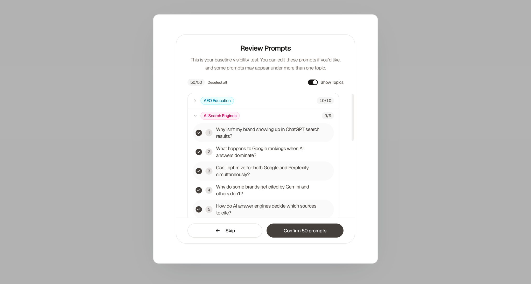 Searchable Review Prompts screen showing 50 auto-generated prompts across AEO Education and AI Search Engines topic clusters with Confirm 50 prompts button