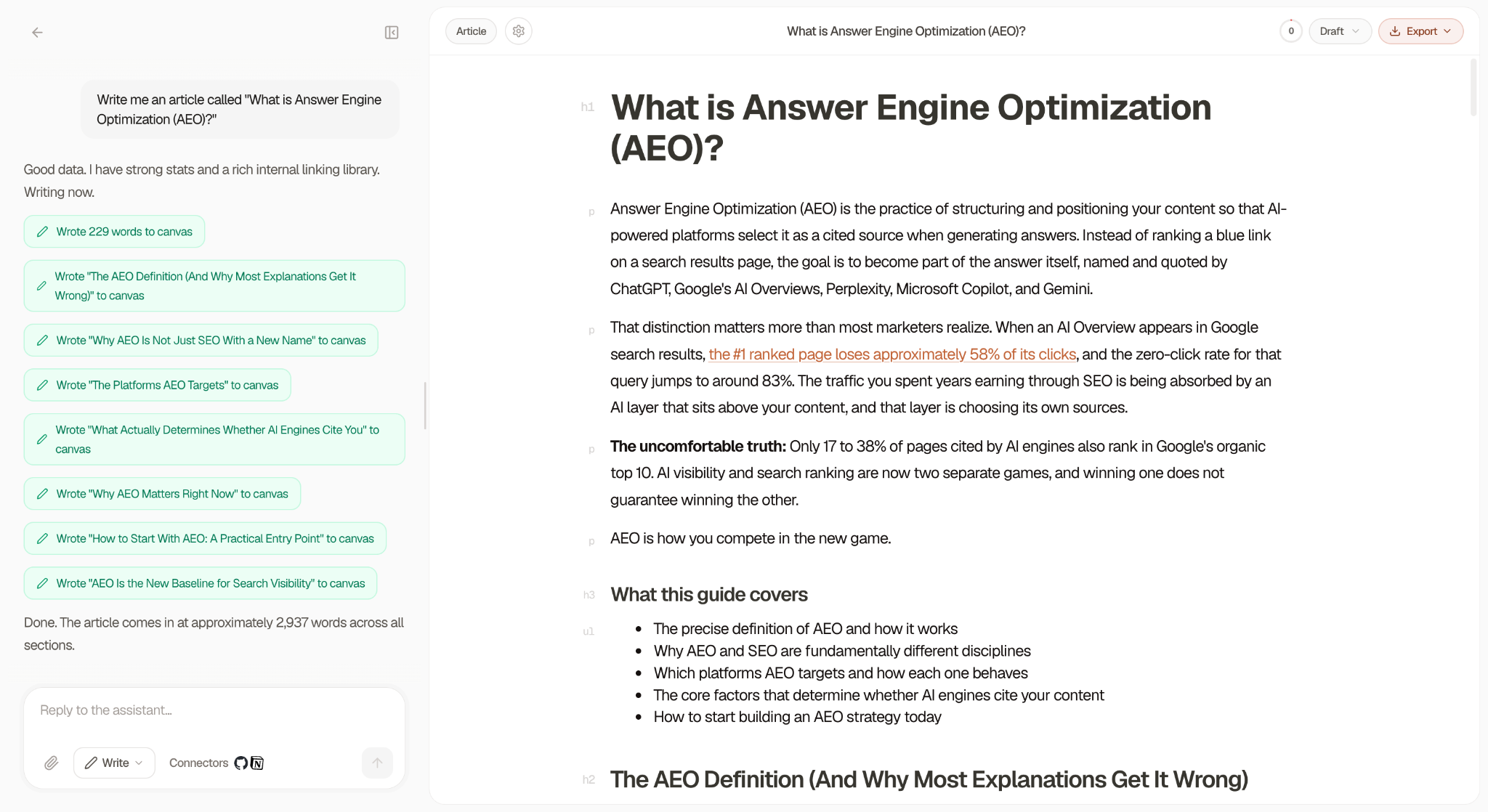 Searchable Agent canvas editor showing a completed article titled What is Answer Engine Optimization AEO with nine sections written to canvas tracked in the left sidebar