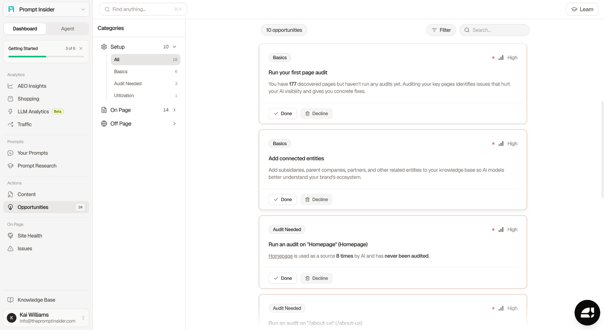 Searchable Opportunities dashboard showing 24 total opportunities organized into Setup On Page and Off Page categories with high priority cards including Run your first page audit and Add connected entities