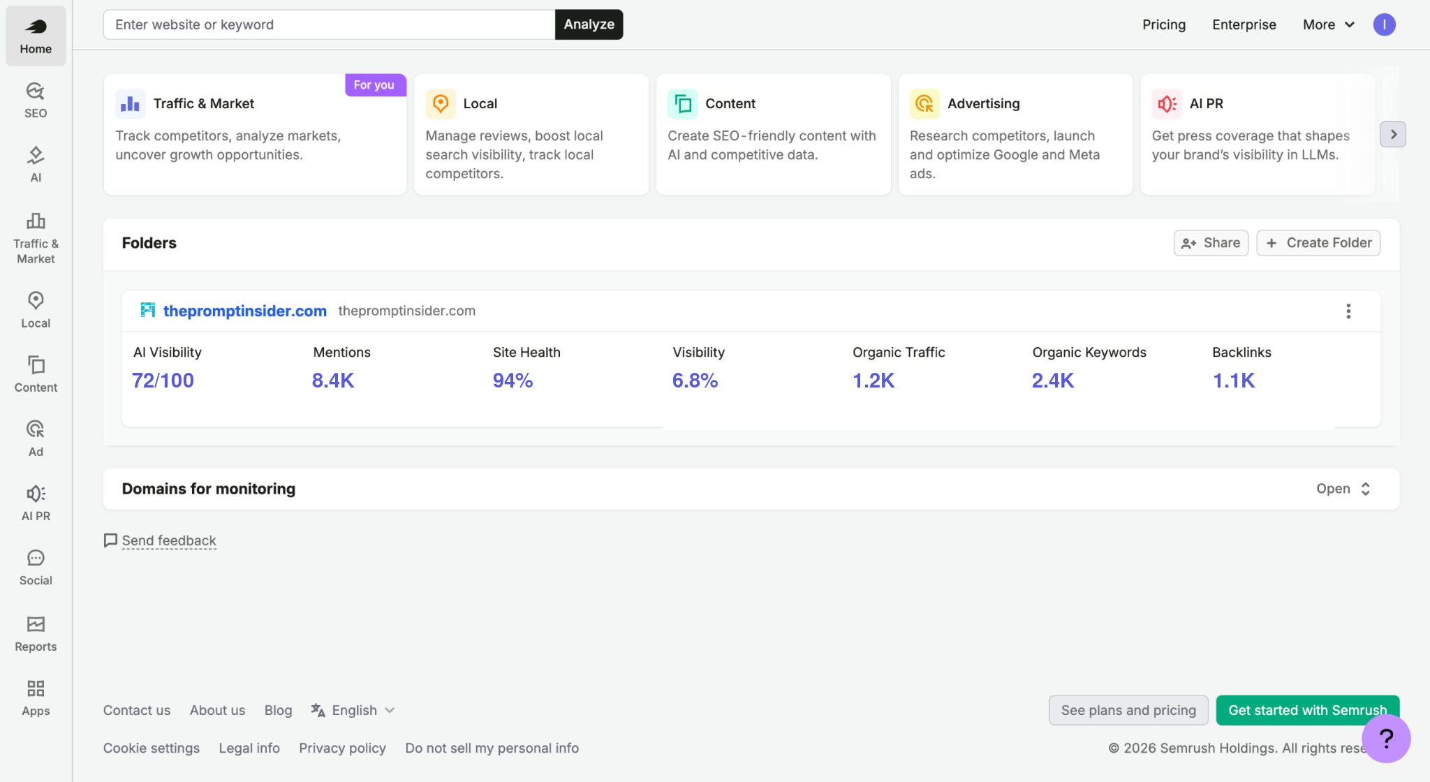 Semrush One AI Visibility Toolkit dashboard