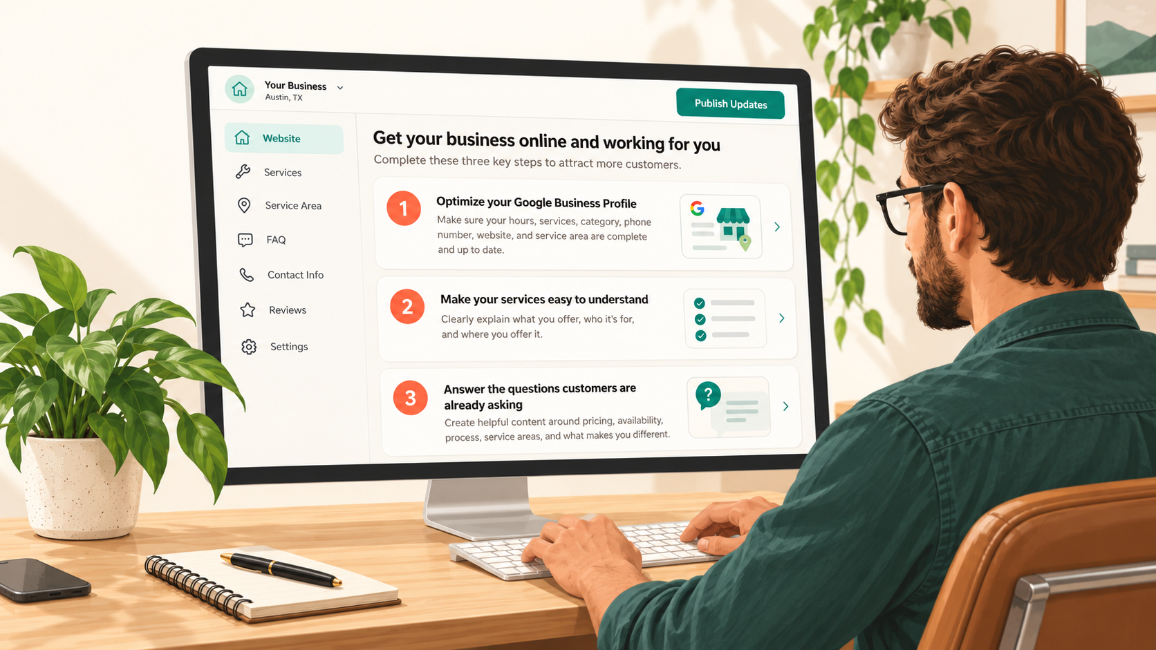 A dashboard mockup of a small business owner's website editor open on a computer screen: Get your business online and working for you. Complete these three key steps to attract more customers. Step 1: Optimize your Google Business Profile. Make sure your hours, services, category, phone number, website, and service area are complete and up to date. Step 2: Make your services easy to understand. Clearly explain what you offer, who it's for, and where you offer it. Step 3: Answer the questions customers are already asking. Create helpful content around pricing, availability, process, service areas, and what makes you different.