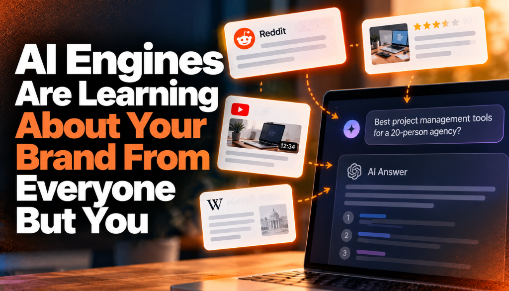AI engines learning about your brand from Reddit, YouTube, review sites, and Wikipedia, shown feeding an AI answer to a project management tools question