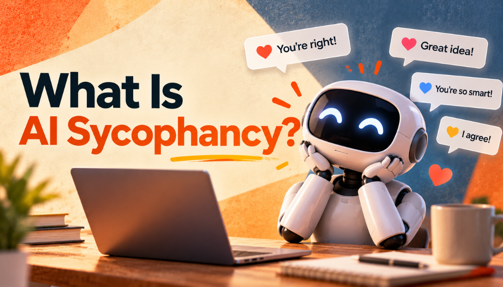 What is AI sycophancy? A smiling robot at a laptop surrounded by speech bubbles saying You're right, Great idea, You're so smart, and I agree
