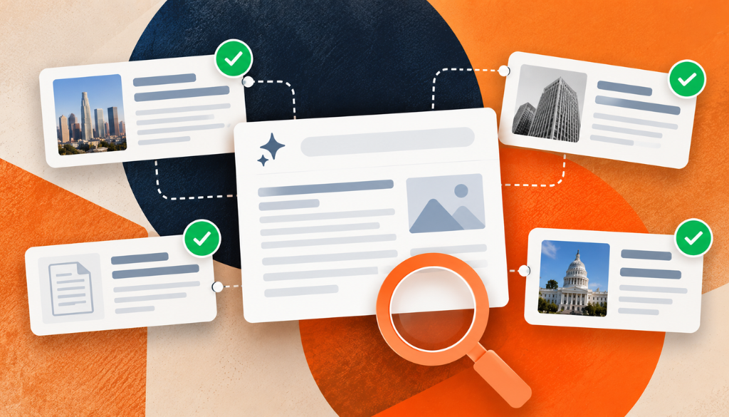 Illustration of an AI search result connected to four independent sources, each marked with a green checkmark