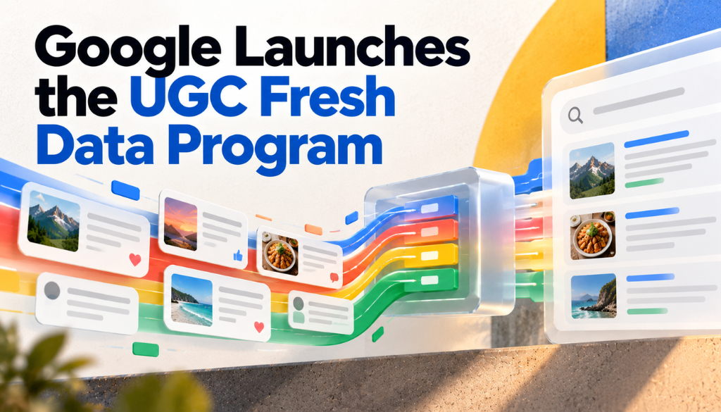 Google Launches the UGC Fresh Data Program: social posts flowing through a pipeline into a search results panel
