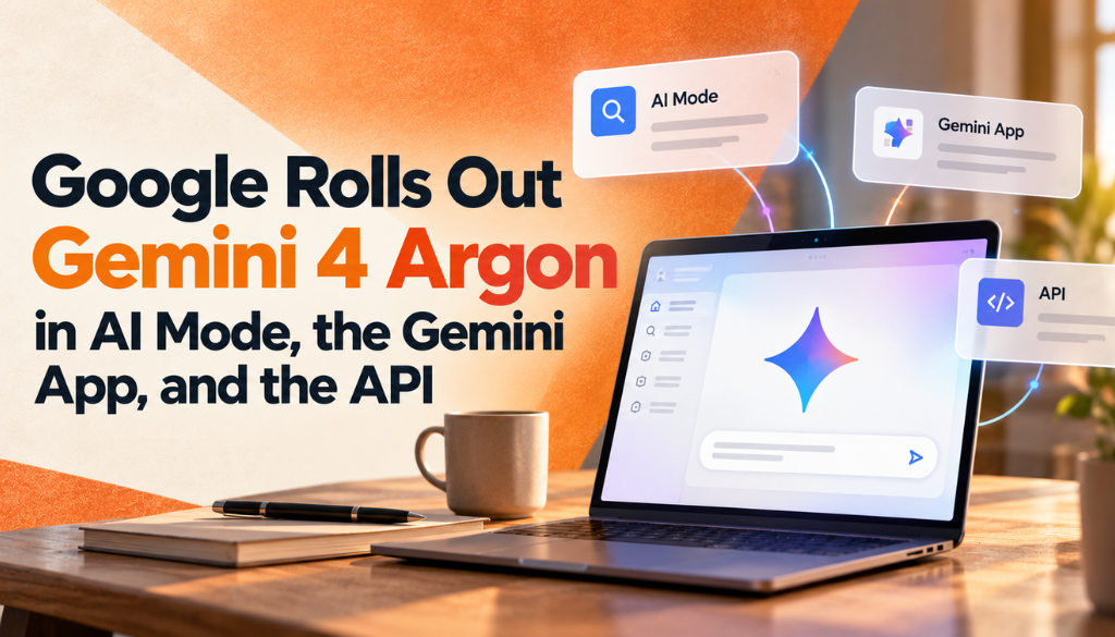 Google rolls out Gemini 4 Argon in AI Mode, the Gemini app, and the API, shown as cards around a laptop with the Gemini logo