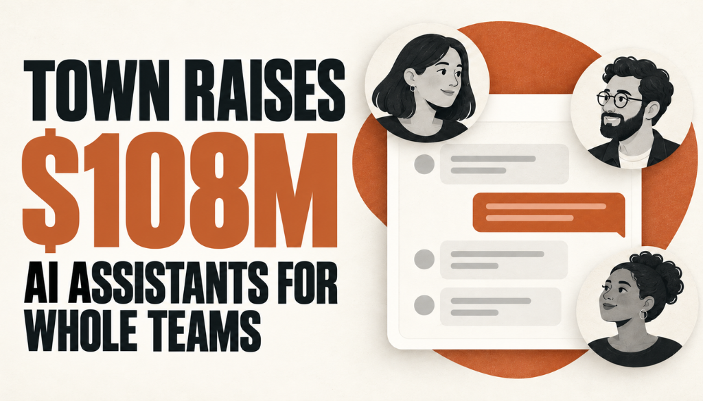Town raises 108 million dollars for AI assistants for whole teams, shown as a team chat with three people avatars