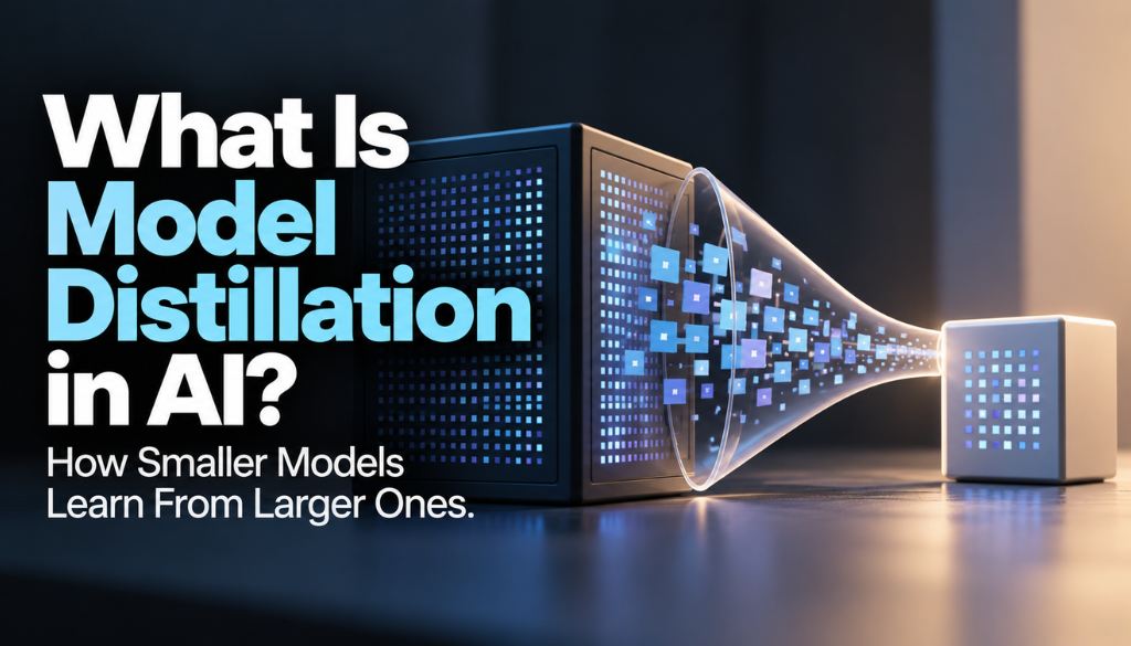 What is model distillation in AI? A large glowing model feeding data through a funnel into a small cube, showing how smaller models learn from larger ones