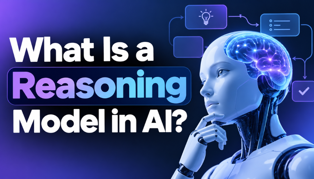 What is a reasoning model in AI? A humanoid robot with a glowing brain thinks through a flowchart of steps