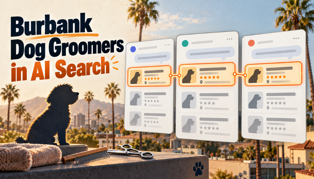 Burbank dog groomers in AI search: three AI result panels with the same business highlighted and linked across all three