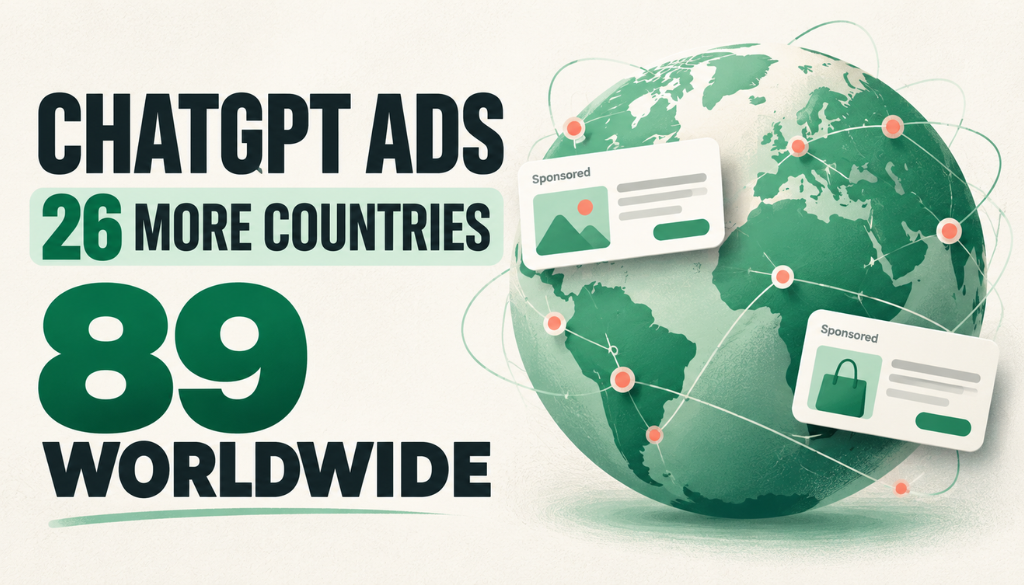 ChatGPT ads expand to 26 more countries, 89 worldwide, shown on a globe with sponsored ad cards