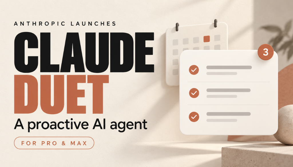 Anthropic launches Claude Duet, a proactive AI agent for Pro and Max, shown with a calendar and a checklist card with three completed items