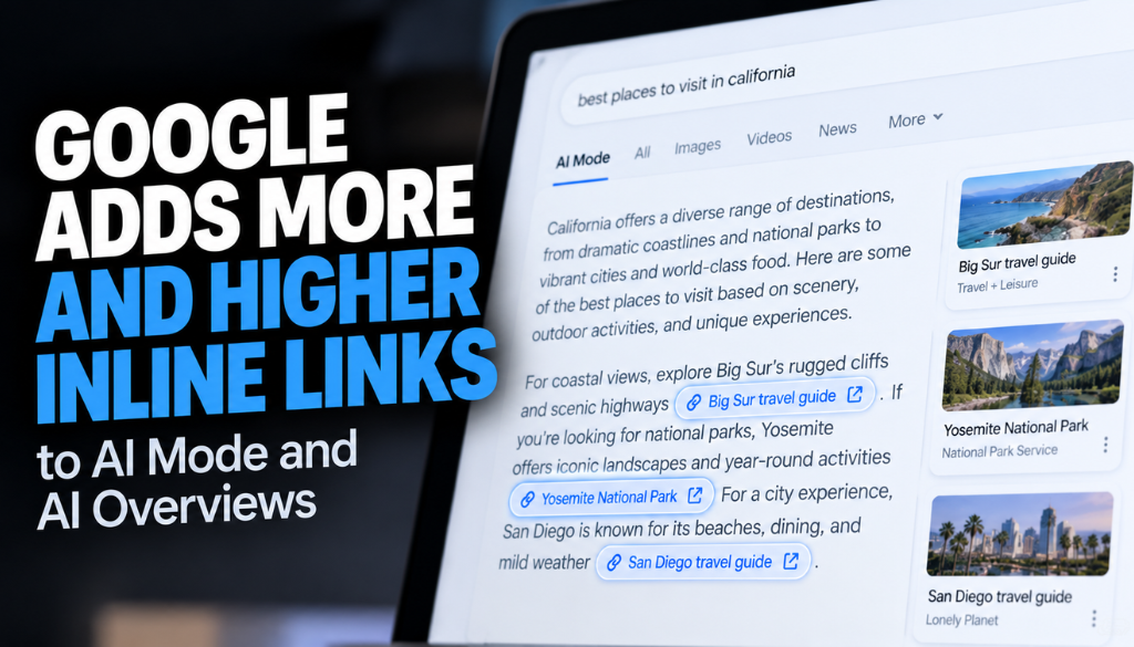 Google AI Mode answer about places to visit in California with inline links to Big Sur, Yosemite, and San Diego guides, under the title Google adds more and higher inline links