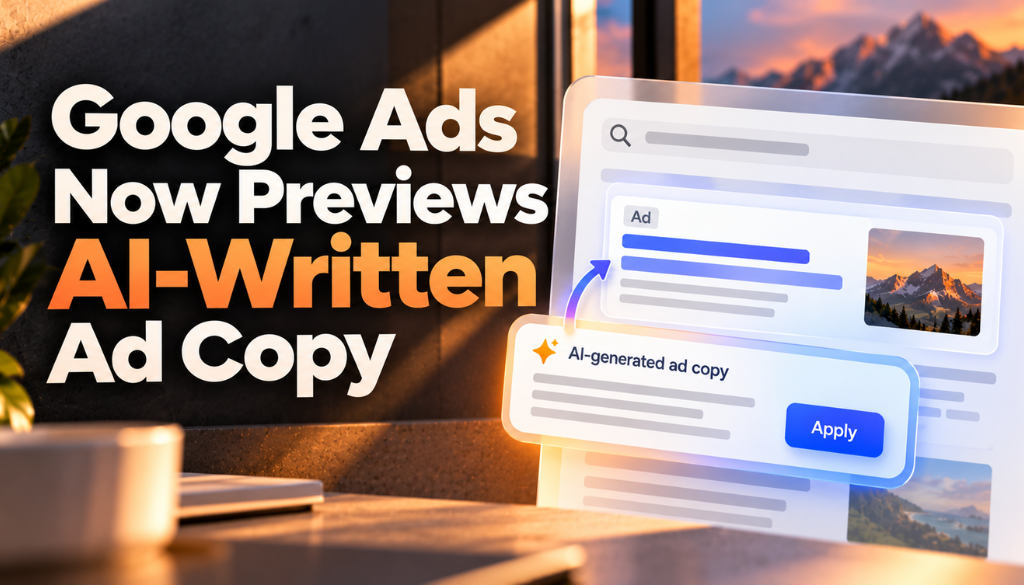 Google Ads now previews AI-written ad copy: an AI-generated ad copy preview card with an Apply button over a search ad
