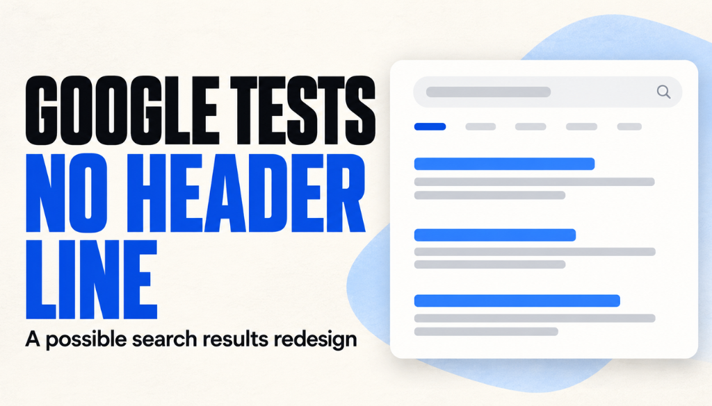 Google tests no header line: a simplified search results page mockup with a search bar, tabs, and blue result links, labeled a possible search results redesign
