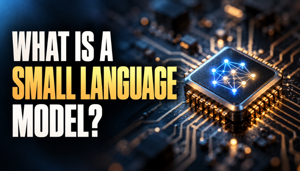 What is a small language model? A glowing neural-network chip on a circuit board with the title text