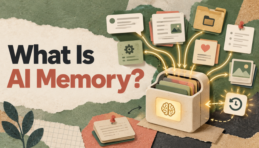 What is AI memory? A card-file box with a glowing brain label collecting chats, folders, notes, and images in a collage style