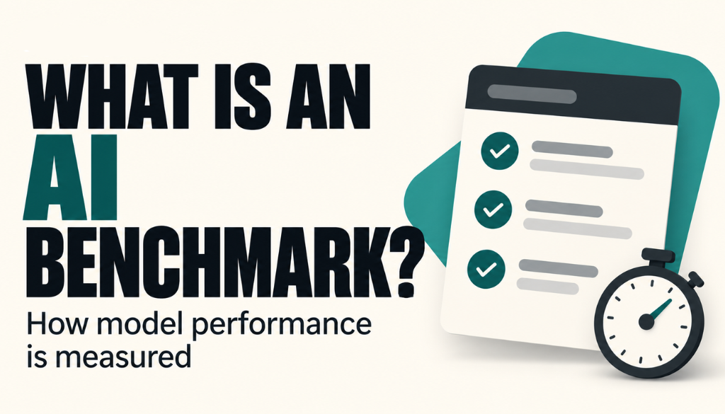 What is an AI benchmark? A checklist test card with check marks and a stopwatch, titled How model performance is measured