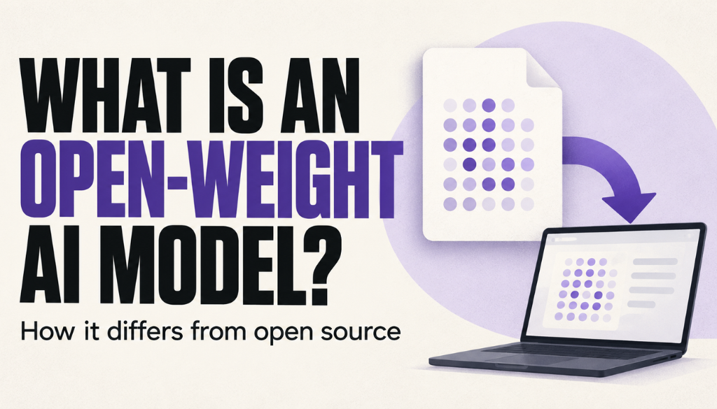 What is an open-weight AI model? A file of purple weight dots being downloaded to a laptop, with the subtitle how it differs from open source