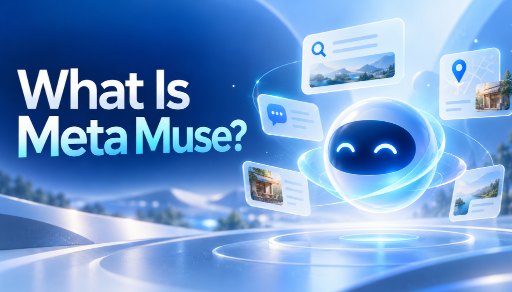 What is Meta Muse? An AI agent orb surrounded by floating search, chat, map, and business cards