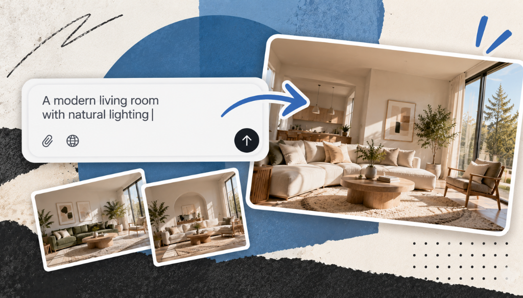 A text prompt, a modern living room with natural lighting, turning into a generated image